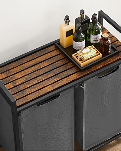 Cos de rufe, Cos de rufe cu 2 compartimente, Sac de rufe din tesatura Oxford, Extensibil si detasabil, Cadru metalic, 2 x 46L, 73 x 33 x 72 cm, Maro Rustic si Gri, VASAGLE