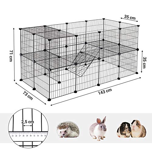 Gard pentru animale de companie din metal cu 2 etaje, 36 de panouri cu grila, cu posibilitate de personalizare, pentru animalele mici, Cobai, Hamsteri, Custi pentru iepuri, include ciocan, pentru uz interior, 143 x 73 x 71 cm, Negru SONGMICS