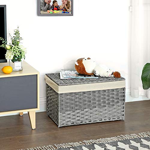 Cutie de depozitare cu aspect de rachita, Cos de depozitare interior, Cos de rufe de 65L, Cos decorativ cu capac, Manere pentru captuseala, Ladita de depozitare, Gri SONGMICS