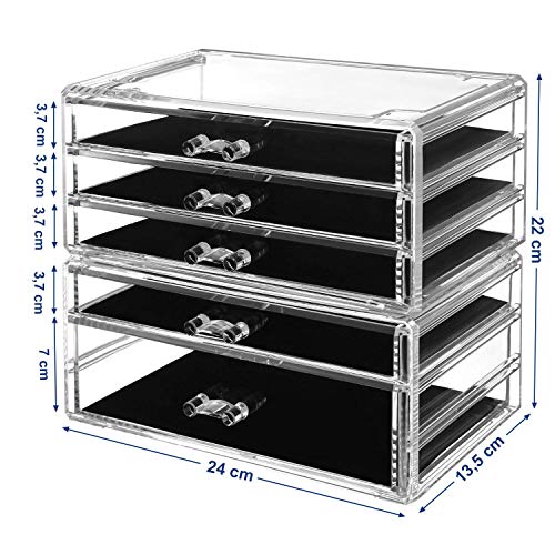 Organizator pentru Machiaj, Set de 2 Cutii de Depozitare pentru Bijuterii si Cosmetice, Suprapunere, cu 5 Sertare, Polistiren Transparent SONGMICS