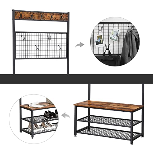 Stand de cuier, Cuier industrial cu panou de notite din grilaj, 9 carlige, si rafturi de depozitare, Pom de haine cu cadru metalic stabil, Maro Rustic, VASAGLE