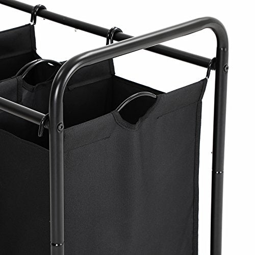 Sorter de Rufe cu Roti , Cos de Rufe cu 3 Saci Detasabili, Troler pentru Rufe, Organizator de Jucarii cu Roti, Solid, 3 x 44L, Negru SONGMICS