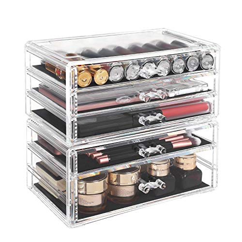 Organizator pentru Machiaj, Set de 2 Cutii de Depozitare pentru Bijuterii si Cosmetice, Suprapunere, cu 5 Sertare, Polistiren Transparent SONGMICS