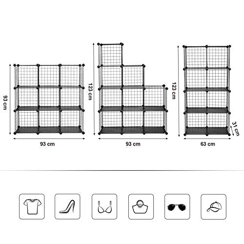 Suport de depozitare cu 9 cuburi din metal si sarma, Unitate de rafturi interconectate cu rafturi din sarma metalica si placi de plastic PP pentru carti, incaltaminte, jucarii, haine, unelte, in sufragerie, 93 x 31 x 93 cm, Negru SONGMICS