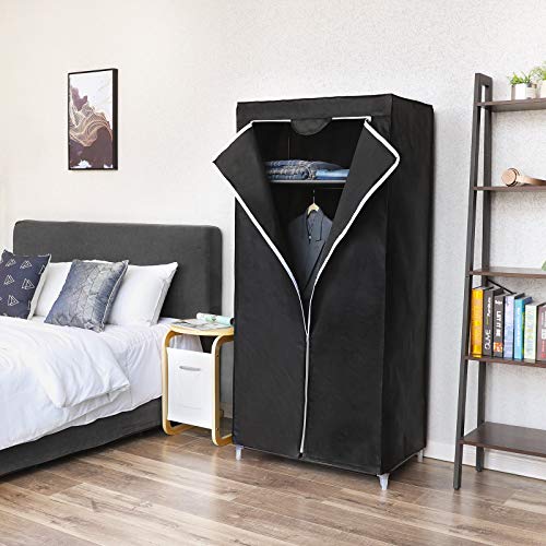 Dulap din Textil, Dulap Pliabil cu Bara de Asezare, Rack pentru Haine Singular, Organizator de Depozitare pentru Genti, Jucarii, Pantofi, Sufragerie, Dormitor, Vestiar, 75 x 45 x 160 cm, Negru SONGMICS