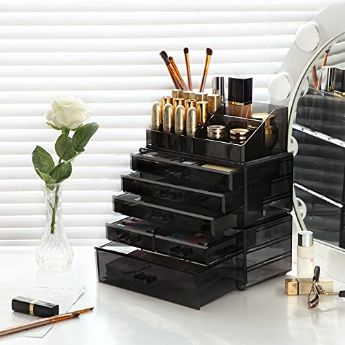 Organizator Mare din Acrilic pentru Machiaj, Cutie pentru Cosmetice cu 6 Sertare, pentru Palete, Pensule, Fond de Ten, Rujuri, Oje, Agrafe de Par, Cadou Minunat pentru Cei Dragi, Negru SONGMICS