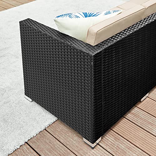 Set de Mobilier pentru Balcon  , Mobilier de Gradina din PE Poliratan, Set de Lounge cu Perne si Masa cu Blat de Sticla, Mobilier de Curte cu Canapea Coltar pentru Balcon si Curte, Negru Bej SONGMICS