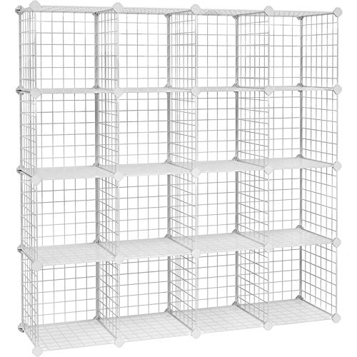 Organizator de depozitare metalic cu 16 cuburi, Dulap modular DIY si grile de rafturi din sarma, rafturi din plasa metalica si suport, Alb SONGMICS