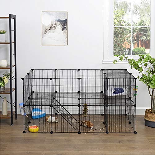 Gard pentru animale de companie din metal cu 2 etaje, 36 de panouri cu grila, cu posibilitate de personalizare, pentru animalele mici, Cobai, Hamsteri, Custi pentru iepuri, include ciocan, pentru uz interior, 143 x 73 x 71 cm, Negru SONGMICS