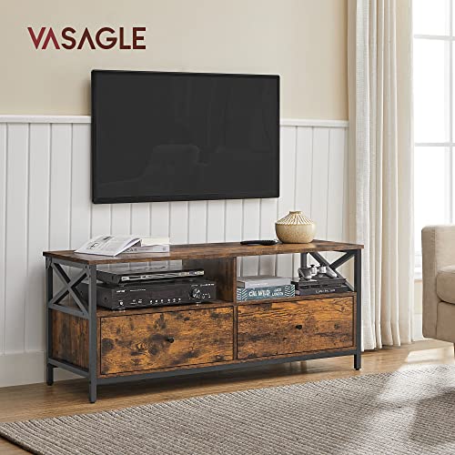 Cabinet TV, Unitate TV pentru Televizor de 55 de Inch, pentru Camera de Zi, cu 2 Sertare, 2 Rafturi de Depozitare, 120 x 40 x 50 cm, Cadru din Otel, Stil Industrial, Maro Rustic si Negru, VASAGLE