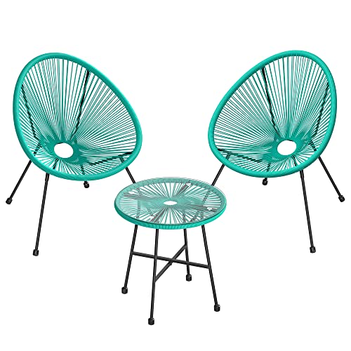 Set de Mobilier pentru Gradina , 3 Piese, Scaun Acapulco, Sezlong pentru Exterior, Masa cu Blat de Sticla si 2 Scaune, Set de Conversatie Interior si Exterior, Turcoaz SONGMICS