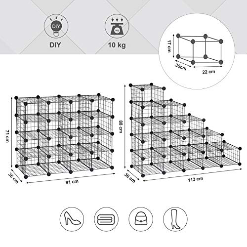 Suport pentru pantofi, Unitate de depozitare DIY modulara cu plasa metalica, Organizator pentru pantofi in sufragerie, hol sau dormitor, Include ciocan de cauciuc si curele anti-rasturnare, Negru SONGMICS