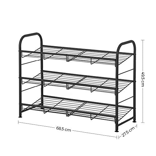 Suport pentru Pantofi cu 3 Etaje, Organizator pentru Pantofi Suprapunere, 12 Perechi de Pantofi, din Otel, 68.5 x 27.5 x 49.5 cm, pentru Tocuri inalte, Adidasi, Papuci, in Hol, Negru SONGMICS