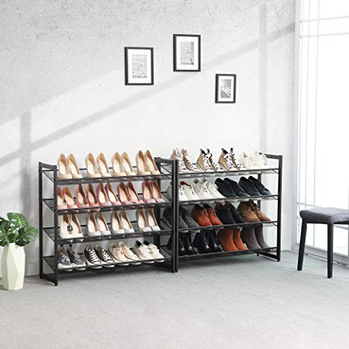 Suport pentru Pantofi cu 8 Etaje, Set de 2 Organizatoare cu 4 Etaje, Suport din Metal pentru Pantofi cu Rafturi Ajustabile din Plasa, Plate sau inclinate, Montabile, Negru SONGMICS