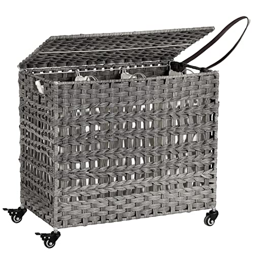 Cos de rufe manual din stil rattan, Cos de rufe cu 3 compartimente separate, Manere, Saci detasabili, pentru camera de zi, baie, camera de spalat, Gri SONGMICS