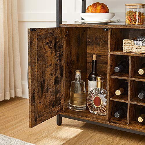 Cabinet de Depozitare, Bufet cu Suport pentru Sticle de Vin, Cuier cu 2 Usi pentru Dining Room, Camera de Zi, Bucatarie, 100 x 35 x 81.4 cm, Stil Industrial, Maro Rustic si Negru, VASAGLE