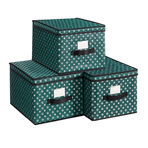Cutii de depozitare cu capac, set de 3, cutii pliabile cu etichete pentru Craciun, cutii din tesatura cu model de fulgi de zapada pentru dulap, 30 x 40 x 25 cm, verde SONGMICS