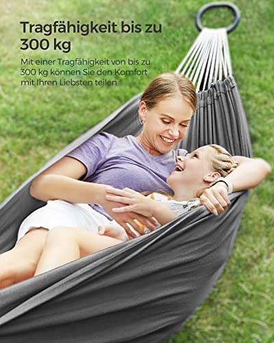 Hamac , 210 x 150 cm, Hamac Dublu, Capacitate de incarcare 300 kg, pentru Terasa, Balcon, Gradina, Exterior, Camping, cu Geanta de Transport, Curele de Prindere si Carabiniere, Gri SONGMICS