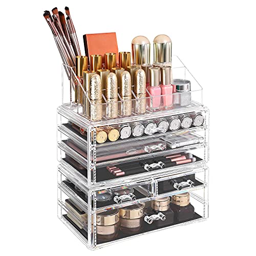 Organizator Mare din Acrilic Transparent pentru Machiaj, Cutie pentru Cosmetice cu 6 Sertare, pentru Palete, Pensule, Fonduri de Ten, Rujuri, Oje, Agrafe de Par, Cadou Minunat pentru Cei Dragi SONGMICS