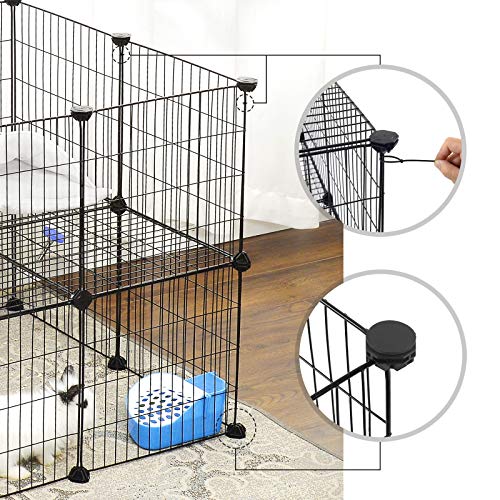 Gard pentru animale de companie din metal cu 2 etaje, 36 de panouri cu grila, cu posibilitate de personalizare, pentru animalele mici, Cobai, Hamsteri, Custi pentru iepuri, include ciocan, pentru uz interior, 143 x 73 x 71 cm, Negru SONGMICS