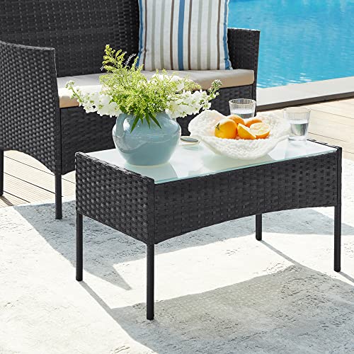 Set de Mobilier pentru Balcon  , Mobilier de Gradina din PE Poliratan, Set de Lounge pentru Curte cu Masa si Scaune, Mobilier de Gradina pentru Balcon si Curte, Negru Bej SONGMICS