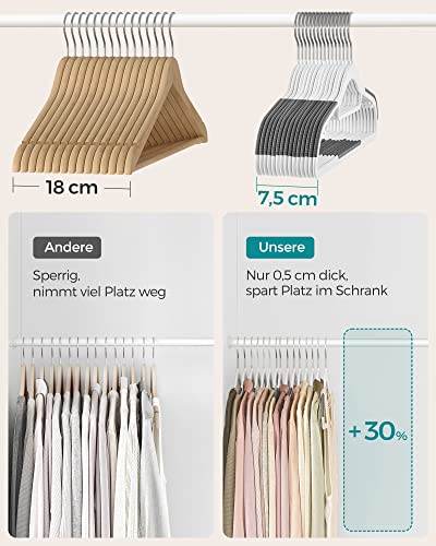 Set de 50 de Umerase din Plastic Durabili, cu Design Antiderapant, pentru Economisire de Spatiu, Grosime de 0,5 cm, Carlig Rotativ la 360°, Lungime de 42 cm, Alb si Gri inchis , ABS, Gri Deschis, Standard SONGMICS