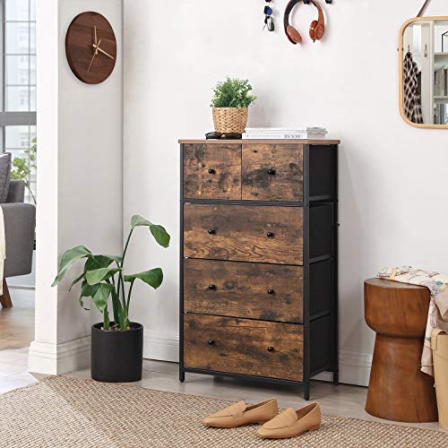 Comoda din Material Textil cu 5 Sertare, Unitate de Organizare cu Fatada si Partea Superioara din Lemn, Comoda in Stil Industrial, pentru Living Room, Hol, Nursery, Maro Rustic si Negru SONGMICS