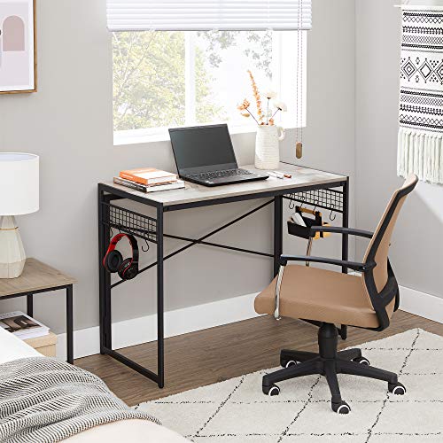 Birou pentru calculator, birou de scris pliabil cu 8 carlige, statie de lucru desktop pentru studiu, fara unelte necesare, stil industrial, pentru birou la domiciliu, laptop si PC, gri si negru, VASAGLE