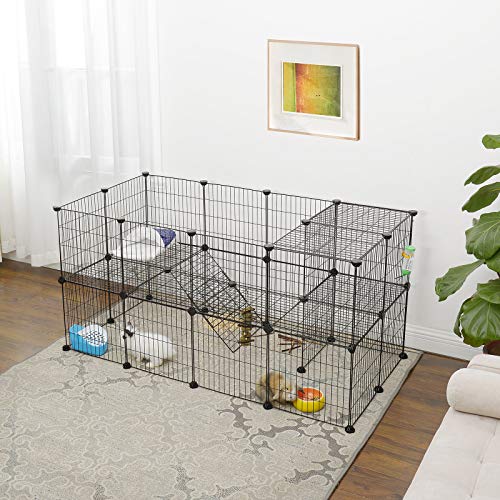 Gard pentru animale de companie din metal cu 2 etaje, 36 de panouri cu grila, cu posibilitate de personalizare, pentru animalele mici, Cobai, Hamsteri, Custi pentru iepuri, include ciocan, pentru uz interior, 143 x 73 x 71 cm, Negru SONGMICS