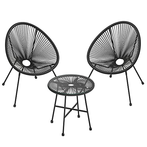 Set de Mobilier pentru Gradina , 3 Piese, Scaun Acapulco, Sezlong pentru Exterior, Masa cu Blat de Sticla si 2 Scaune, Set de Conversatie Interior si Exterior, Negru SONGMICS