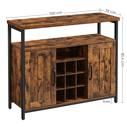 Cabinet de Depozitare, Bufet cu Suport pentru Sticle de Vin, Cuier cu 2 Usi pentru Dining Room, Camera de Zi, Bucatarie, 100 x 35 x 81.4 cm, Stil Industrial, Maro Rustic si Negru, VASAGLE