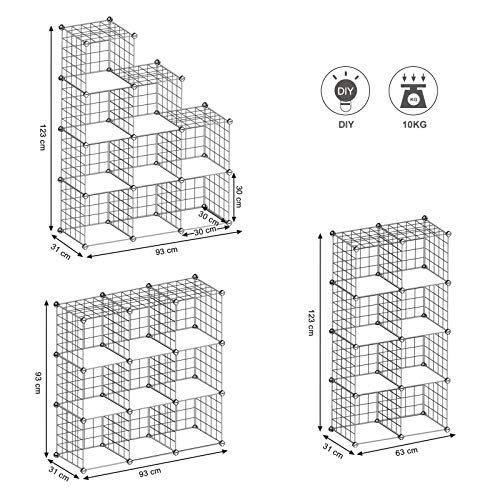 Suport de depozitare cu 9 cuburi din metal si sarma, Unitate de rafturi interconectate cu rafturi din sarma metalica si placi de plastic PP pentru carti, incaltaminte, jucarii, haine, unelte, in sufragerie, 93 x 31 x 93 cm, Alb SONGMICS