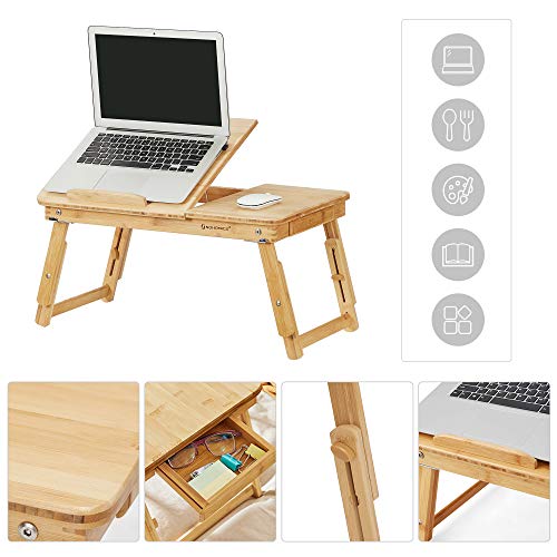 Masa Laptop  din Bambus, Tava pentru Micul Dejun cu 5 Unghiuri de inclinare Ajustabile, Sertar Mic, Natural SONGMICS