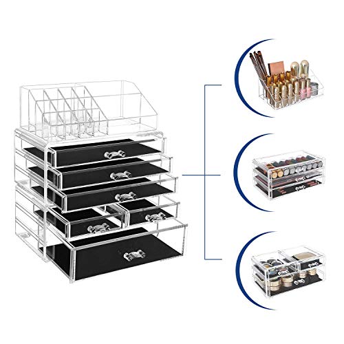 Organizator Mare din Acrilic Transparent pentru Machiaj, Cutie pentru Cosmetice cu 6 Sertare, pentru Palete, Pensule, Fonduri de Ten, Rujuri, Oje, Agrafe de Par, Cadou Minunat pentru Cei Dragi SONGMICS