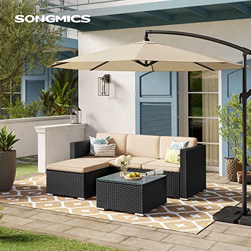 Set de Mobilier pentru Balcon  , Mobilier de Gradina din PE Poliratan, Set de Lounge cu Perne si Masa cu Blat de Sticla, Mobilier de Curte cu Canapea Coltar pentru Balcon si Curte, Negru Bej SONGMICS