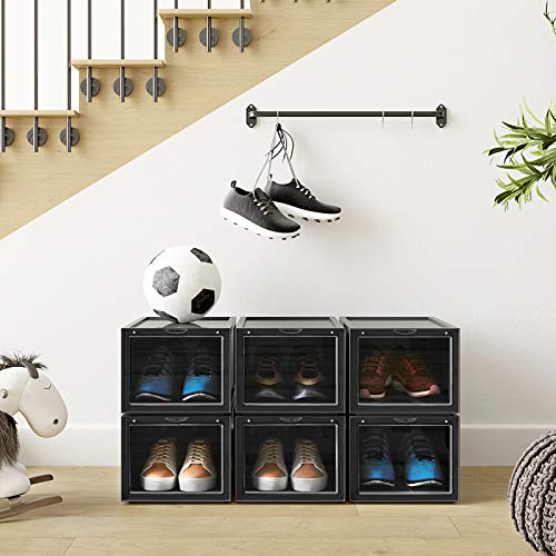 Cutie pentru Pantofi, Organizator de Pantofi Suprapunere, Stocare pentru Pantofi din Plastic cu Usa Transparenta, Usor de Asamblat, Set de 6, 28 x 36 x 22 cm, Potrivite pentru Marimea 45 UK, Negre SONGMICS