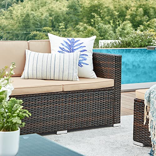 Set de Mobilier pentru Balcon  , Mobilier de Gradina din PE Poliratan, Set de Lounge cu Perne si Masa cu Blat de Sticla, Mobilier de Curte cu Canapea Coltar pentru Balcon si Curte, Maro Bej SONGMICS