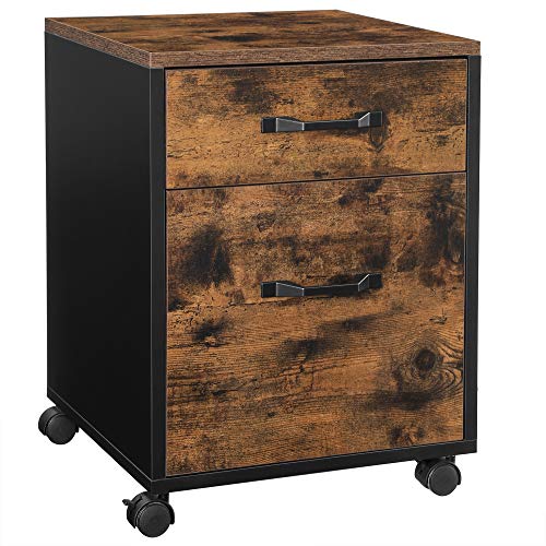 Cabinet de Fisiere  cu 2 Sertare, Cabinet de Arhivare de Birou cu Roti, pentru Documente A4, Scrisori, Fisiere Suspendate, Stil Industrial, Maro Rustic si Negru, VASAGLE