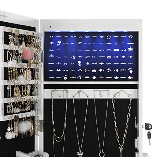 Dulap pentru Bijuterii  cu Iluminare LED, Armoire cu Oglinzi de Lungime Integrala pentru Bijuterii, Organizator de Bijuterii cu inchidere si 2 Sertare, Solid si Elegant, Cadou Ideal, Alb SONGMICS