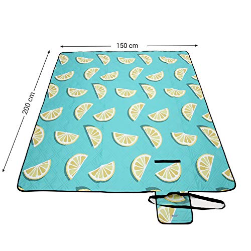 Patura de picnic, 200 x 150 cm, covoras mare de picnic si saltea pentru plaja, parc, curte, in aer liber, cu strat impermeabil, lavabila la masina, pliabila, model lamaie SONGMICS