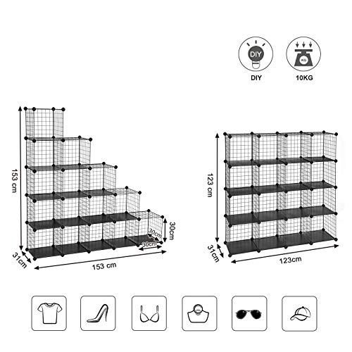 Organizator de depozitare metalic cu 16 cuburi, Dulap modular DIY si grile de rafturi din sarma, rafturi din plasa metalica si suport, Negru SONGMICS