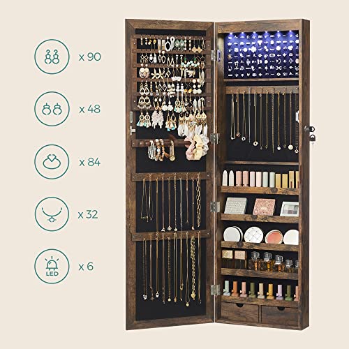 Dulap pentru Bijuterii , Armoire, Unitate de Organizare Montata pe Perete cu inchidere, pentru Coliere si Cercei, cu Oglinzi si Diverse Compartimente, Maro Rustic SONGMICS