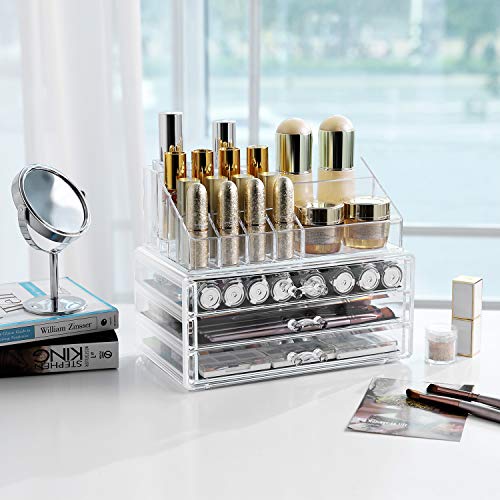 Organizator de Machiaj, Set de 2 Cutii pentru Machiaj, Organizator Cosmetice cu 3 Sertare si 15 Compartimente Variate, pentru Rujuri, Pensule, Transparent SONGMICS