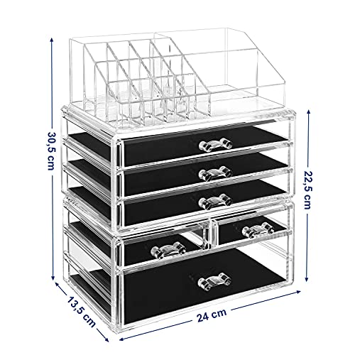 Organizator Mare din Acrilic Transparent pentru Machiaj, Cutie pentru Cosmetice cu 6 Sertare, pentru Palete, Pensule, Fonduri de Ten, Rujuri, Oje, Agrafe de Par, Cadou Minunat pentru Cei Dragi SONGMICS