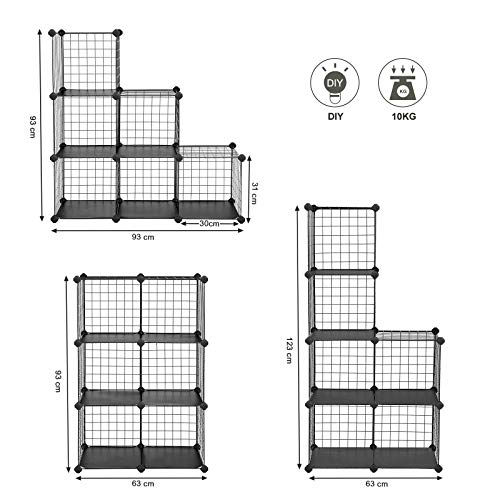 Suport de depozitare cu 6 cuburi din metal si sarma, Unitate de rafturi interconectate cu rafturi din sarma metalica si placi de plastic PP pentru carti, incaltaminte, jucarii, haine, unelte, in sufragerie, 93 x 31 x 93 cm, Negru SONGMICS