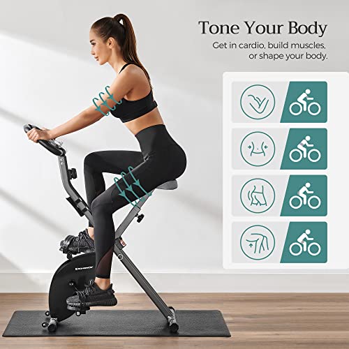 Bicicleta de exercitii, bicicleta de fitness, antrenor interior pliabil, 8 nivele de rezistenta magnetica, cu covoras, senzor de puls, suport pentru telefon, greutate maxima de 100 kg, neagra SONGMICS