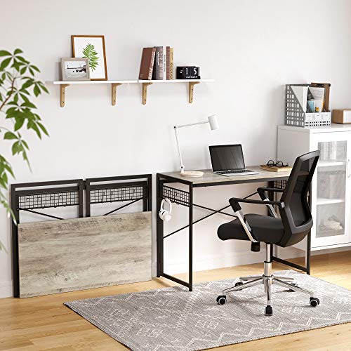 Birou pentru calculator, birou de scris pliabil cu 8 carlige, statie de lucru desktop pentru studiu, fara unelte necesare, stil industrial, pentru birou la domiciliu, laptop si PC, gri si negru, VASAGLE