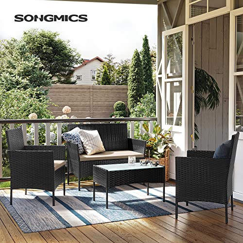 Set de Mobilier pentru Balcon  , Mobilier de Gradina din PE Poliratan, Set de Lounge pentru Curte cu Masa si Scaune, Mobilier de Gradina pentru Balcon si Curte, Negru Bej SONGMICS