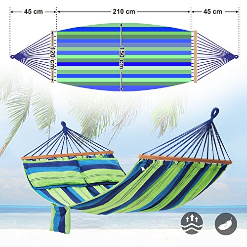 Hamac  cu 2 Perne, Hamac Dublu Portabil, Capacitate de incarcare 300 kg, 210 x 150 cm, albastru-verde, pentru Excursii, Camping, Drumetii, Curte, Gradina SONGMICS