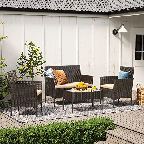 Set de Mobilier pentru Balcon  , Mobilier de Gradina din PE Poliratan, Set de Lounge pentru Curte cu Masa si Scaune, Mobilier de Gradina pentru Balcon si Curte, Maro Bej SONGMICS